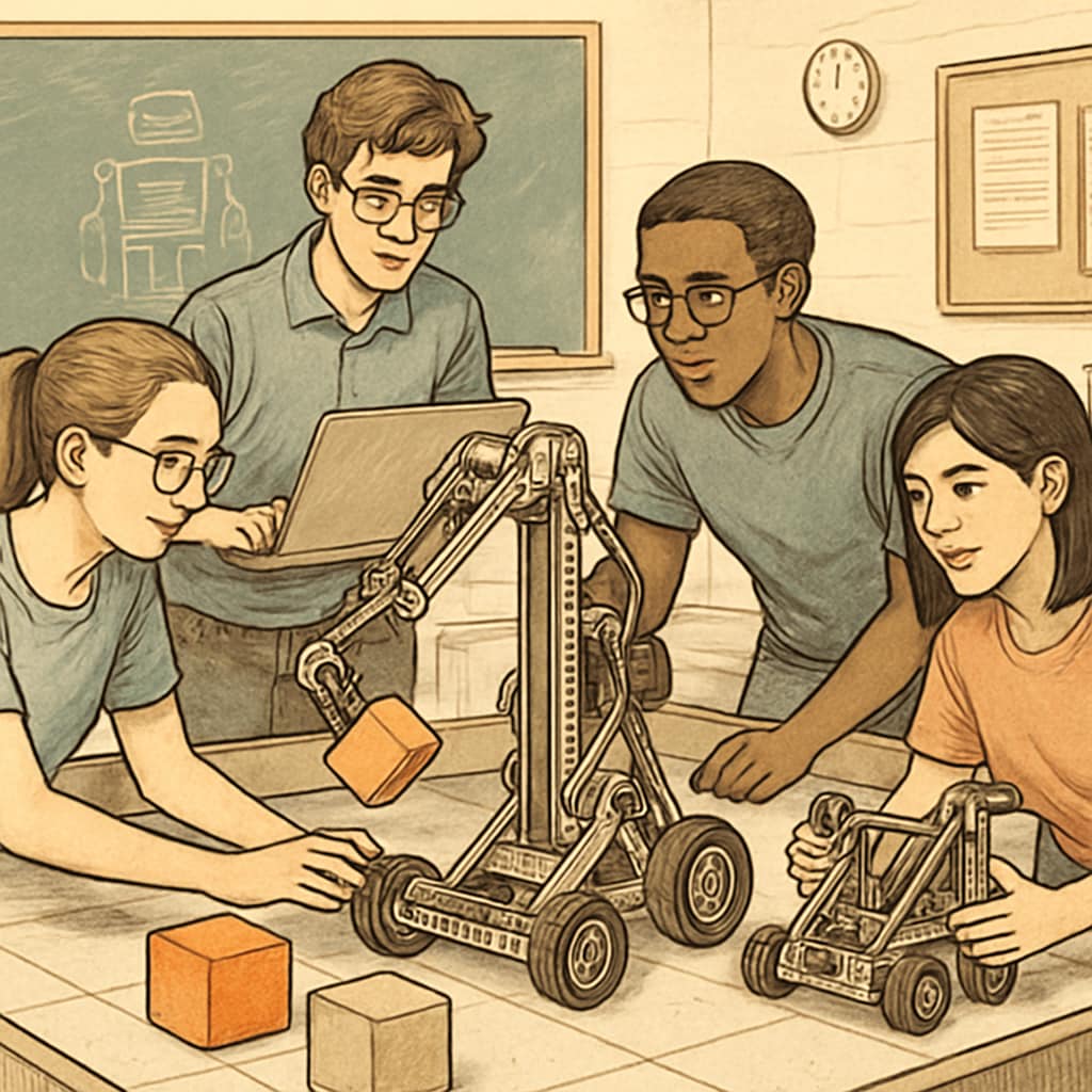 High school students participating in a collaborative robotics competition, highlighting teamwork and problem-solving in education. High school students in a robotics competition, showcasing skills for future careers.