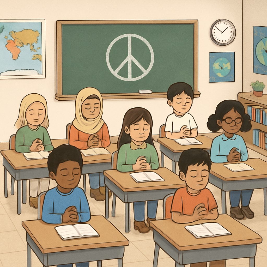 Students in a classroom observing a moment of global silence for war victims.