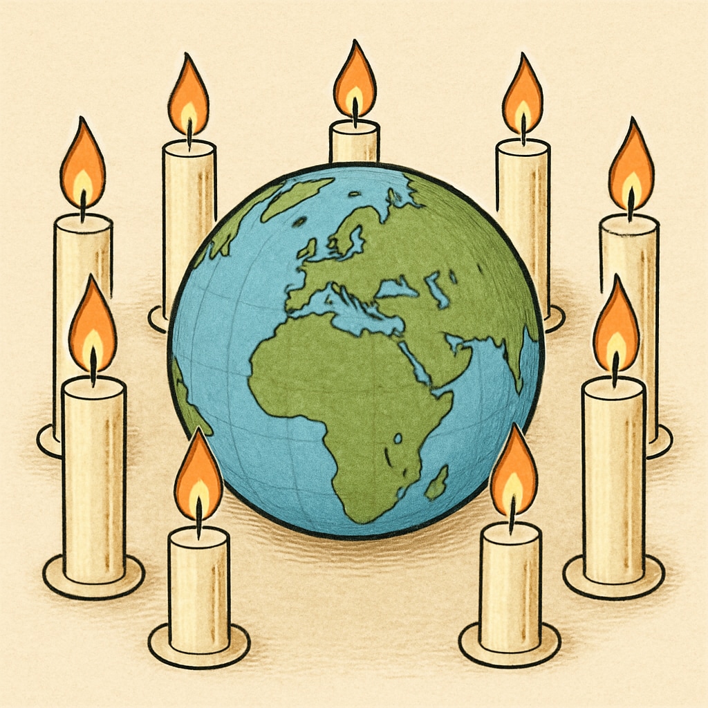 A globe surrounded by candles, symbolizing solidarity and honoring victims of war.
