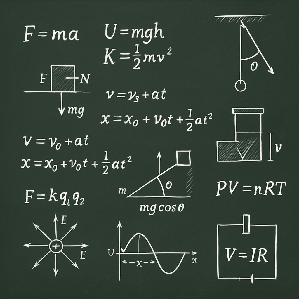 Physics equations and diagrams on a chalkboard to explain core concepts.