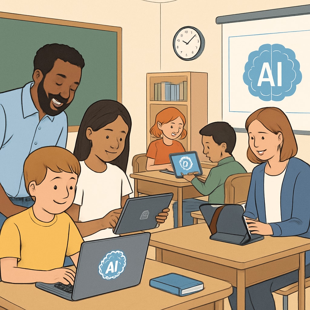 An illustration of students and teachers using AI tools like laptops or tablets in a classroom setting, emphasizing collaboration and technology integration. Students and teachers using AI tools in a classroom to support critical thinking.