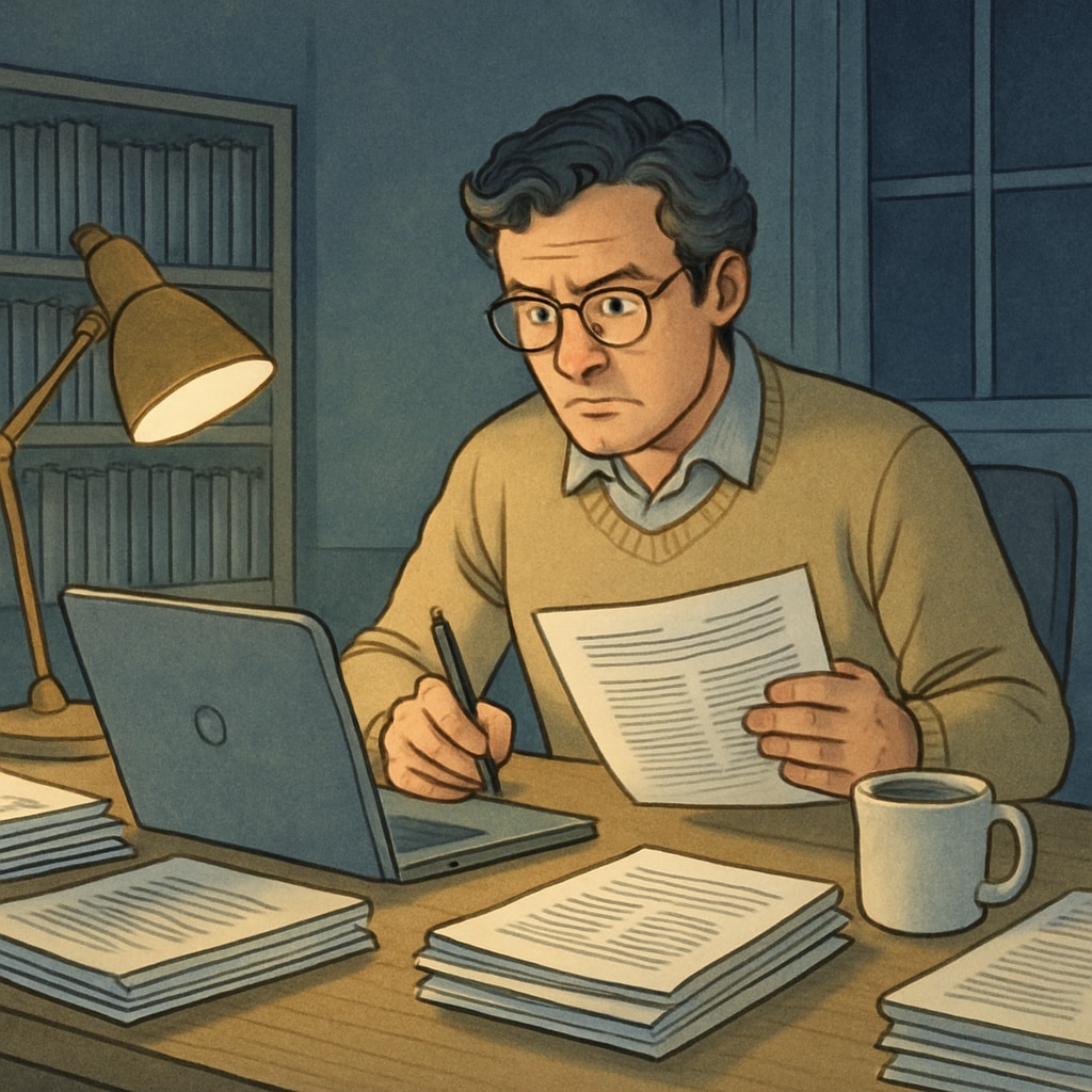 A freelance professor working late at night surrounded by research papers and a laptop, symbolizing the academic publishing pressure experienced by contract educators. Freelance professor surrounded by research papers, illustrating academic publishing pressure.