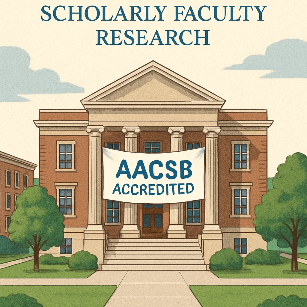 A university building with a banner showcasing its AACSB accreditation, emphasizing the institutional benefits derived from faculty research contributions. University building with AACSB accreditation banner, symbolizing institutional reliance on faculty research for certification.