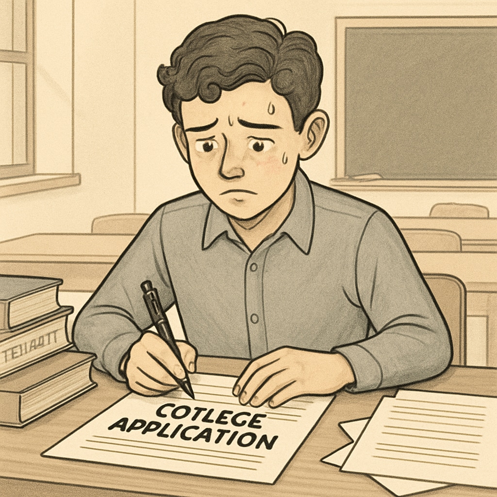 A student nervously filling out their college application, symbolizing the ethical dilemmas they face. College application process and ethical dilemmas
