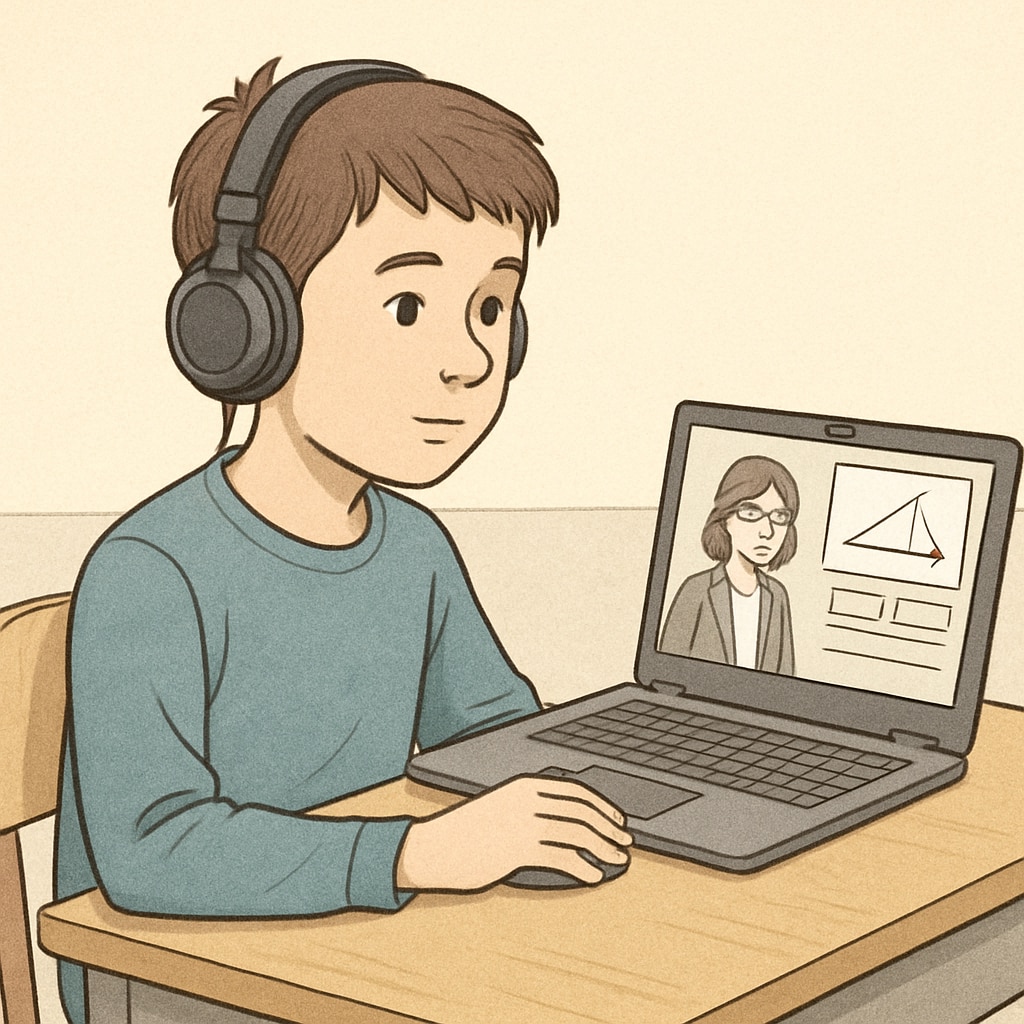 A middle school student sitting at a desk with a laptop, engaged in an online class. Middle school student learning online through Khan World School dual enrollment program.