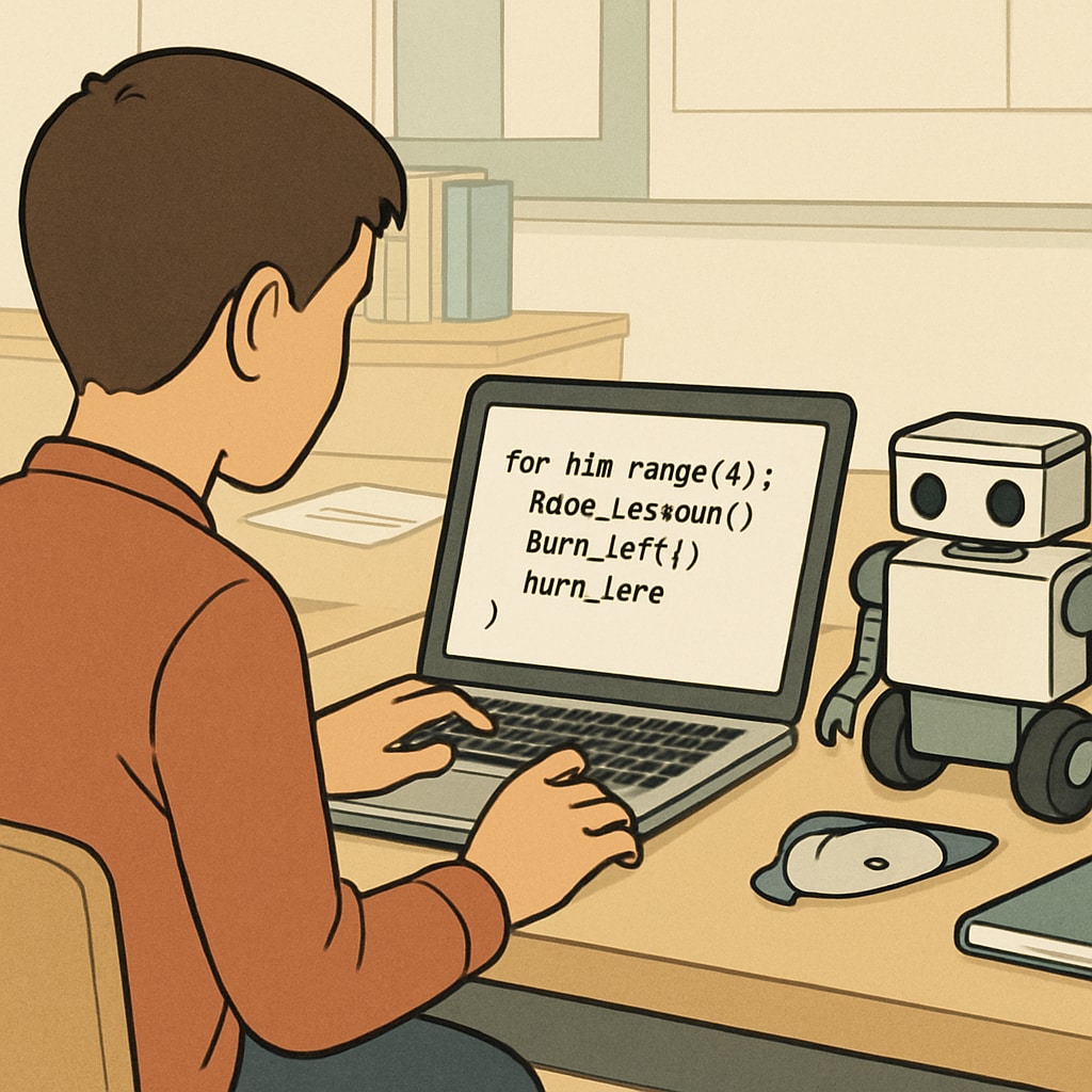 A close-up of a student programming a basic robot using a laptop, demonstrating the integration of coding and robotics skills. Student programming a robot during an interactive robotics lesson.