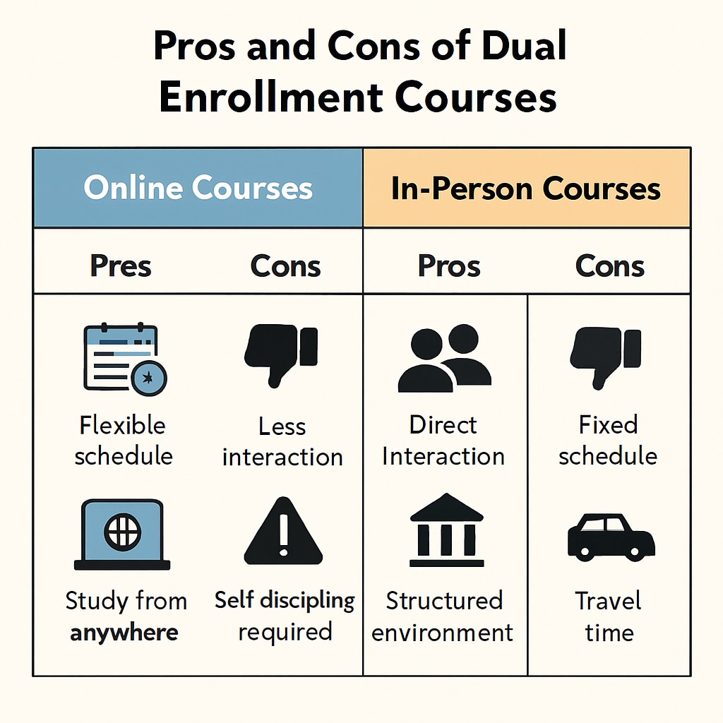 A comparison chart showing pros and cons of online vs. in-person dual enrollment courses. Chart comparing Khan World School dual enrollment with local college courses.