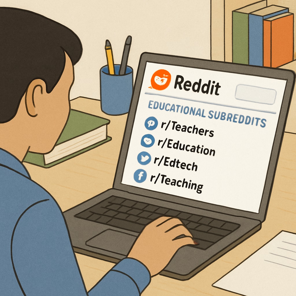 A user browsing Reddit's educational subreddits on a laptop, showcasing subreddit titles like 'r/Teachers' and 'r/EdTech'. A laptop screen displaying Reddit's educational subreddits, emphasizing 'Teachers' and 'EdTech'.