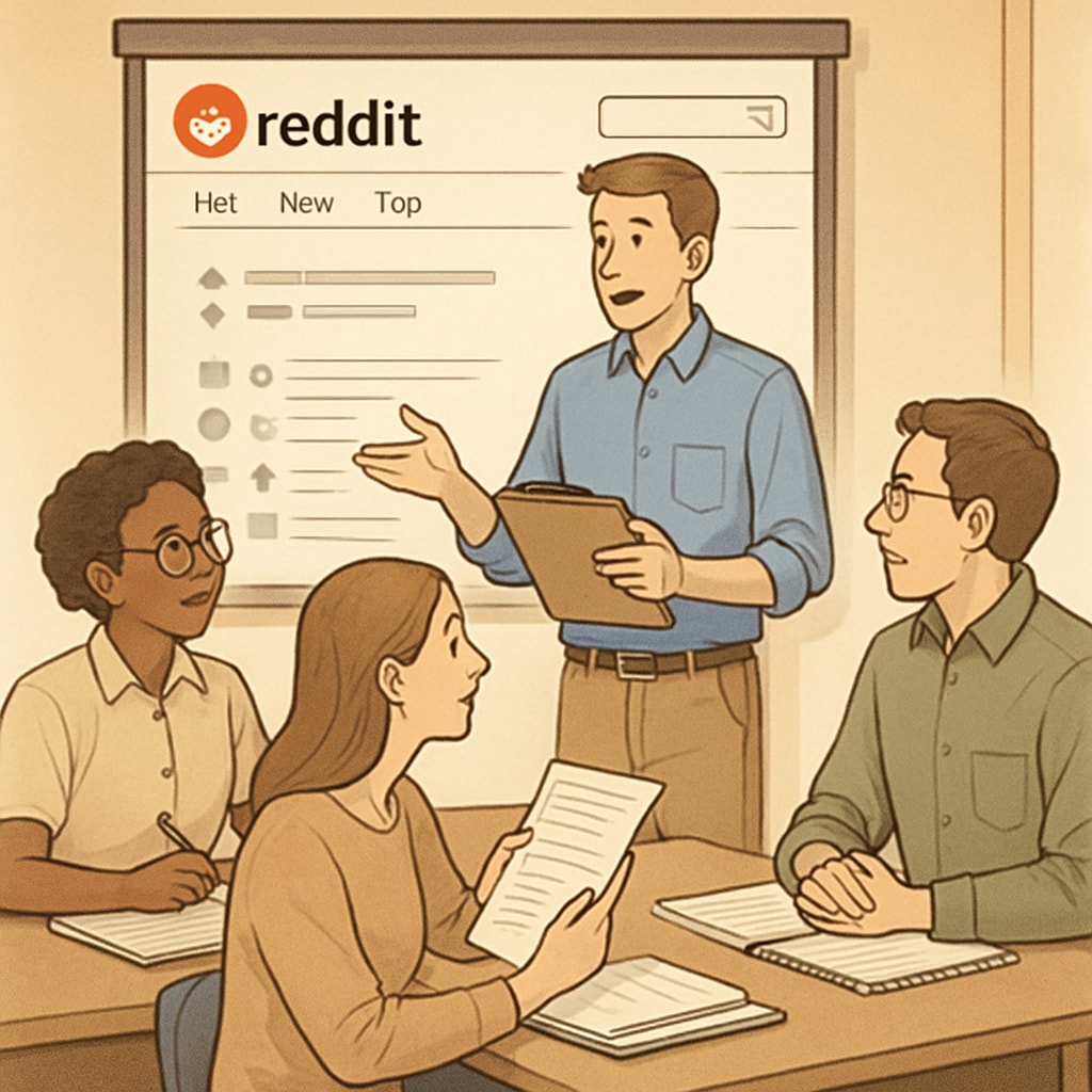 A classroom setting with educators discussing lesson plans, referencing Reddit on a projector screen. Educators in a classroom using Reddit on a projector to discuss lesson planning.