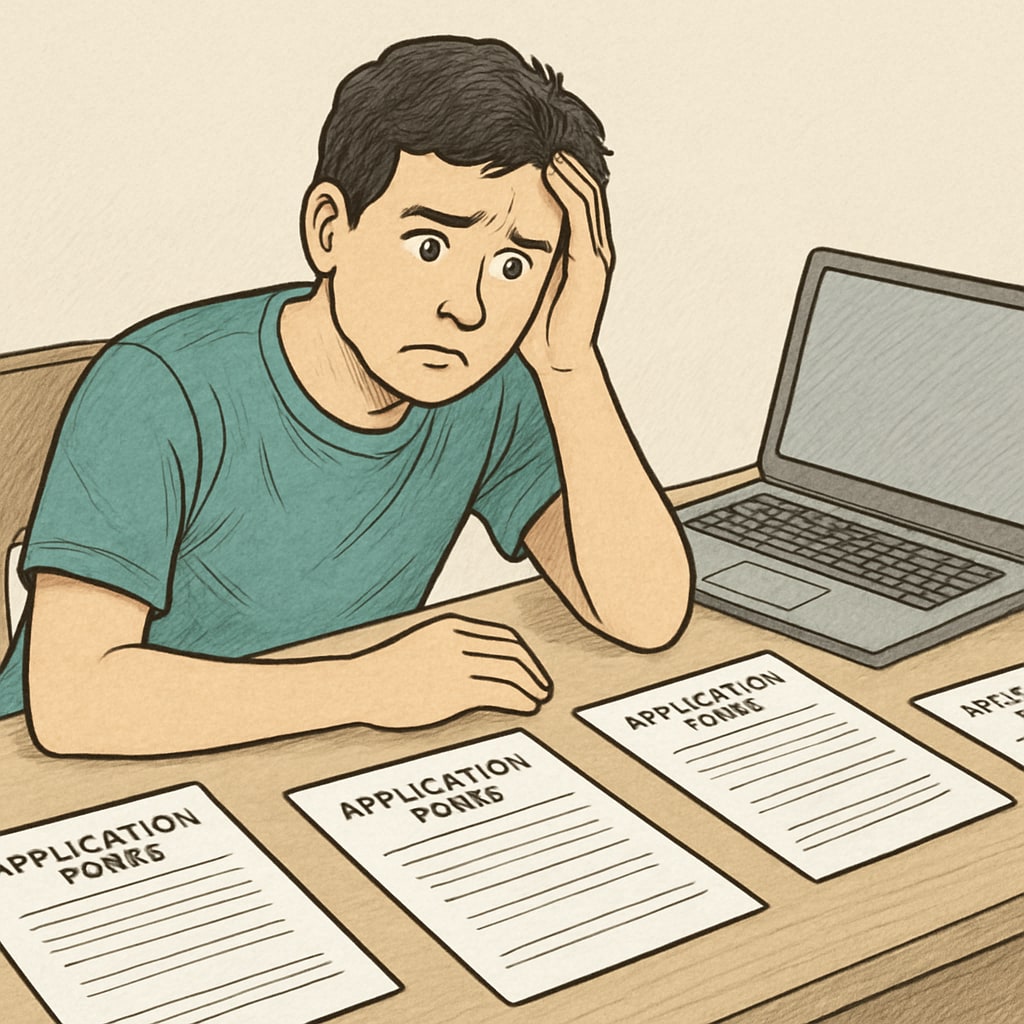A stressed college student working on college applications, representing common challenges faced by first-year students.