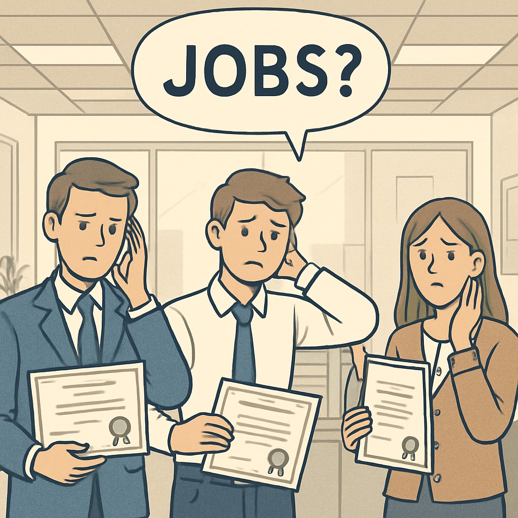 A group of young professionals, some with degrees, struggling to find jobs in a corporate setting. Job seekers with degrees facing challenges in the current job market.