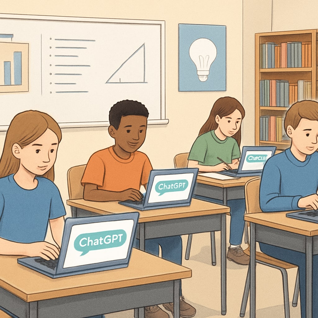 Students using AI learning tools like ChatGPT in a classroom setting to enhance education technology and critical thinking.