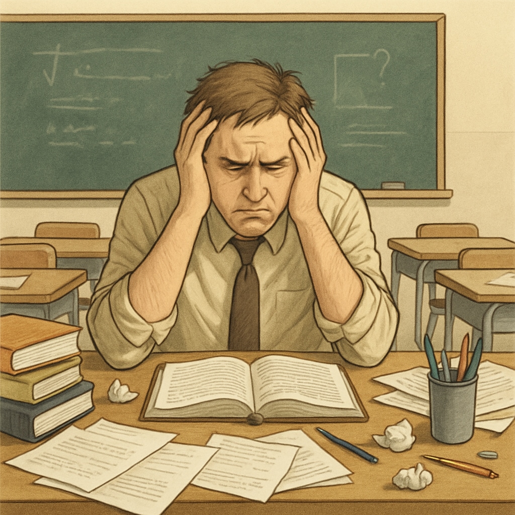 A teacher visibly frustrated, sitting in a classroom with disorganized materials, reflecting the confusion caused by improper guidance. A frustrated teacher facing challenges due to an unqualified academic supervisor.