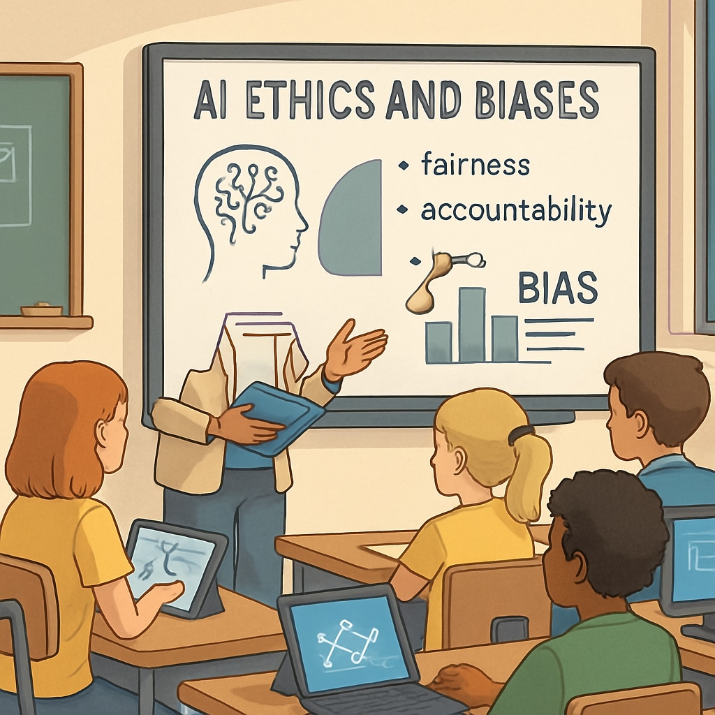 A teacher guiding students on AI ethics and biases while discussing critical thinking in education technology.