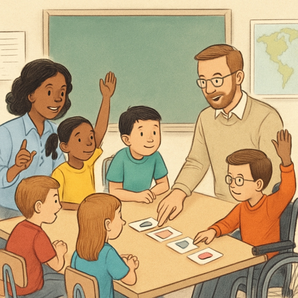 A diverse group of elementary school students and teachers engaging in a classroom activity, symbolizing inclusivity and collaboration. Inclusive classroom setting with students and teachers.