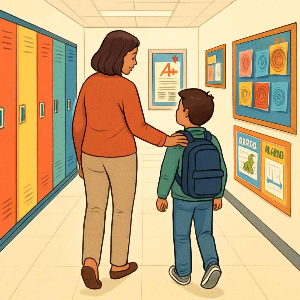 A parent and child touring a bright, welcoming elementary school hallway, symbolizing the school evaluation process. Parent and child visiting an elementary school.