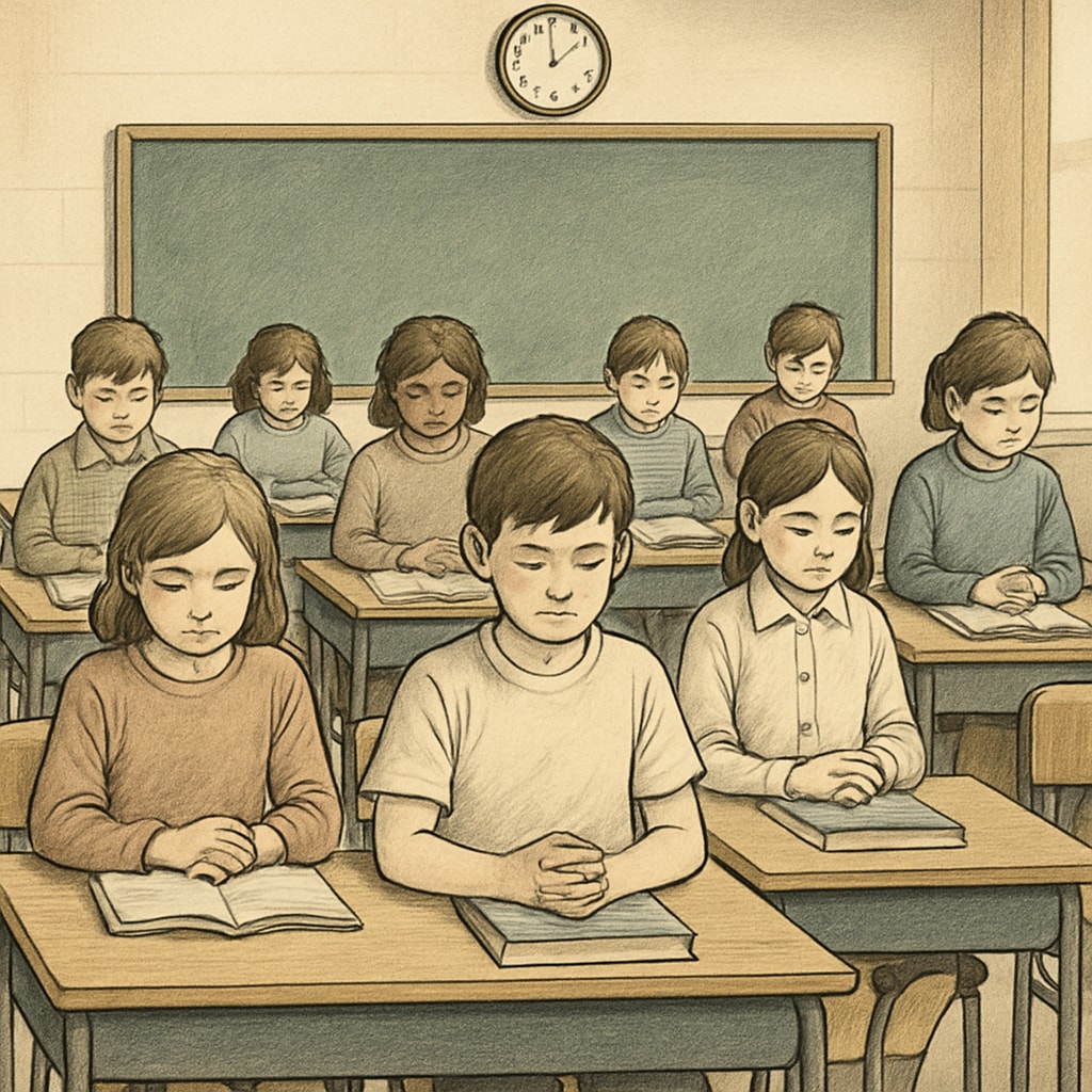 A quiet classroom where students observe a moment of silence, reflecting the concept of universal mourning in education. Students in a classroom observing a moment of silence for all war victims.