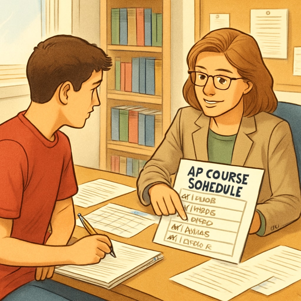 A high school student planning their AP course schedule with a counselor, highlighting key priorities. AP course planning with a counselor.