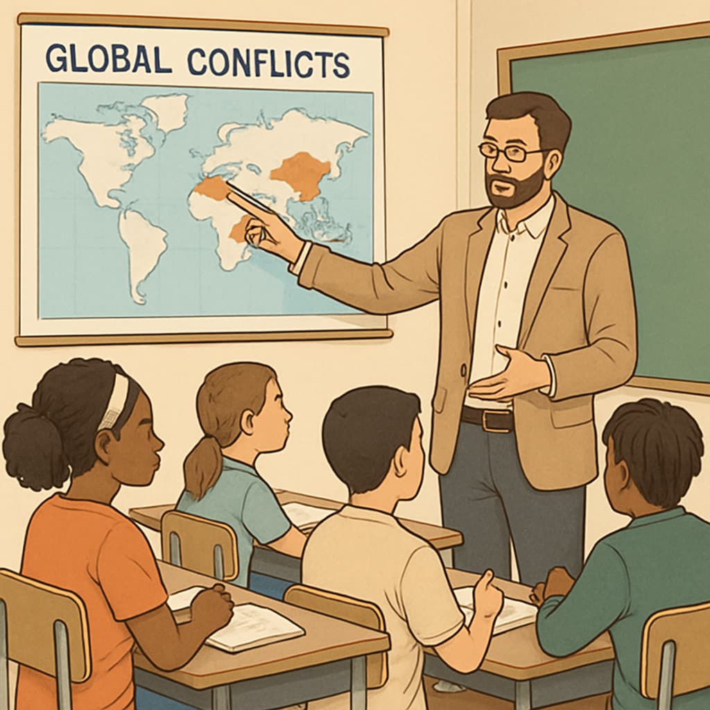 A teacher leading a discussion on global conflicts, emphasizing ethical awareness and critical thinking in education. A teacher and students engaging in a discussion about global conflicts.