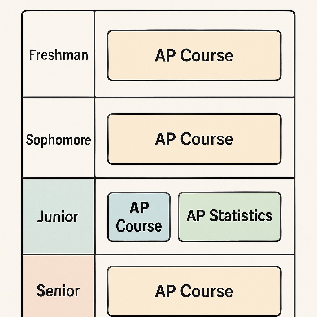 Graphical illustration of potential AP course schedules, showing the placement of AP Statistics in junior and senior years. Example AP course schedule with AP Statistics placement.