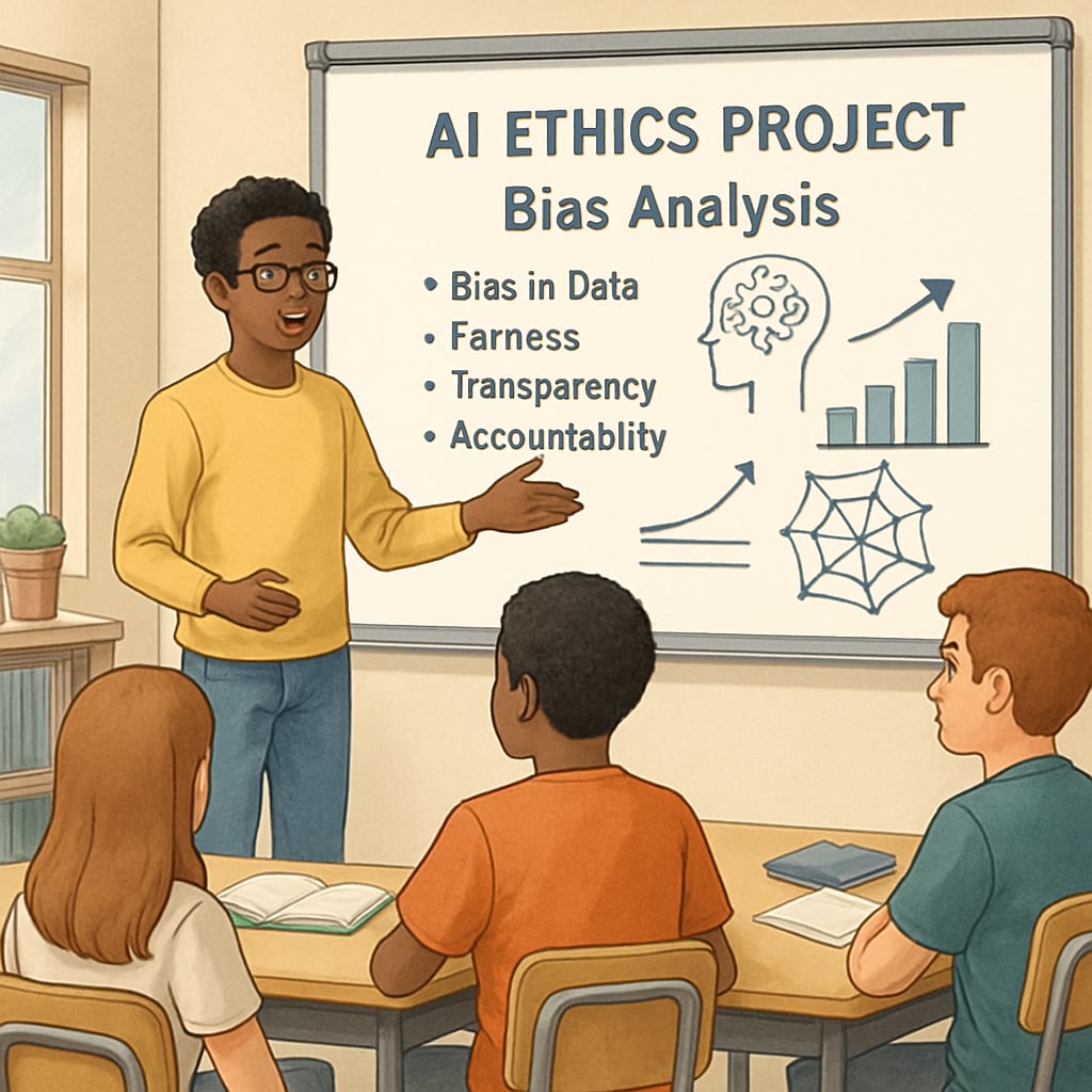Student sharing their AI ethics project on bias analysis in a collaborative environment.