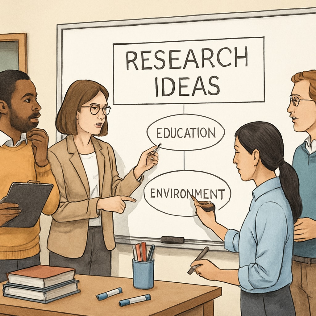 A classroom setting with educators brainstorming research ideas on a whiteboard. Educators discussing research questions and methods in a classroom.