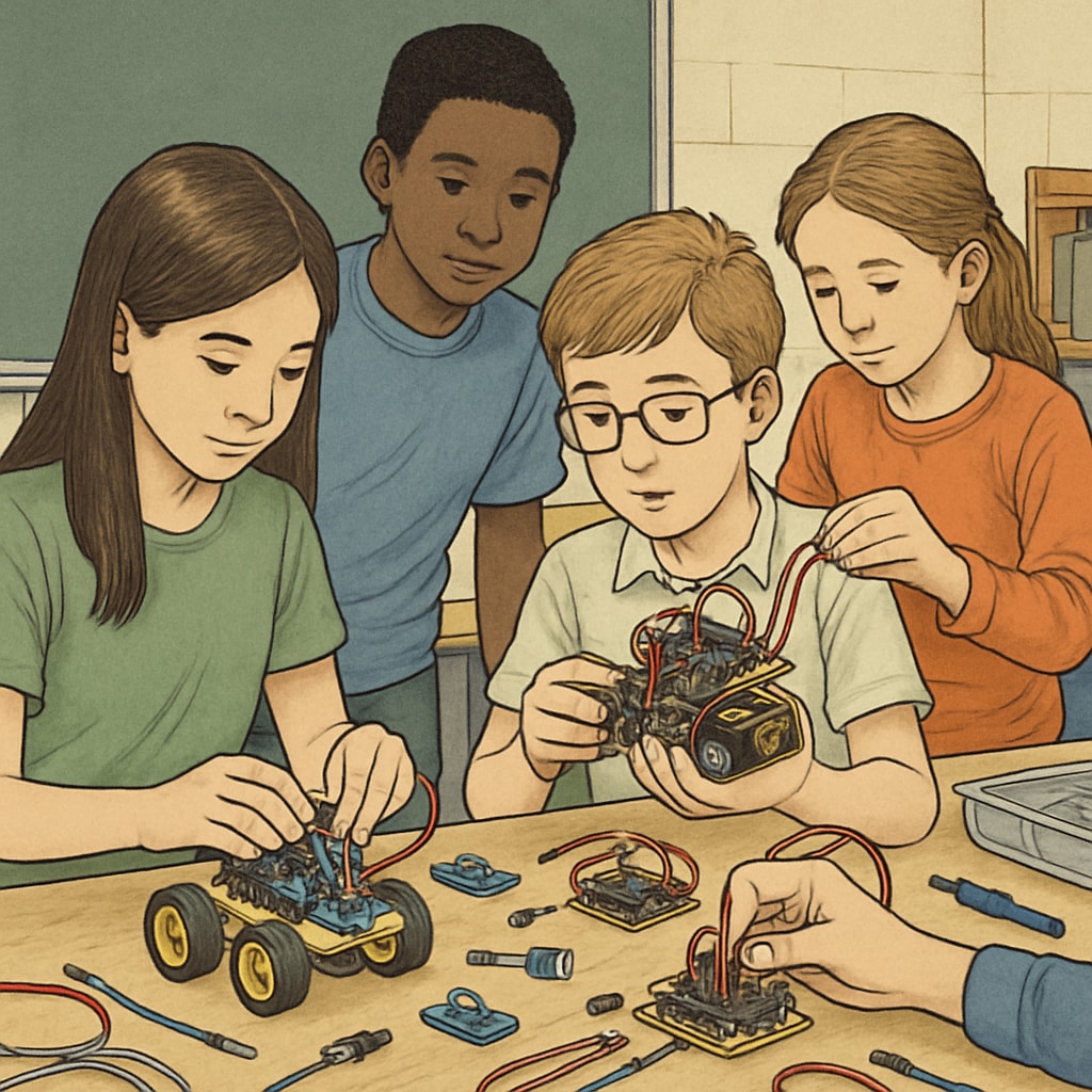 A classroom of K12 students working on assembling small robots with components like sensors and microcontrollers. K12 students assembling robots as part of a robotics course for beginners.