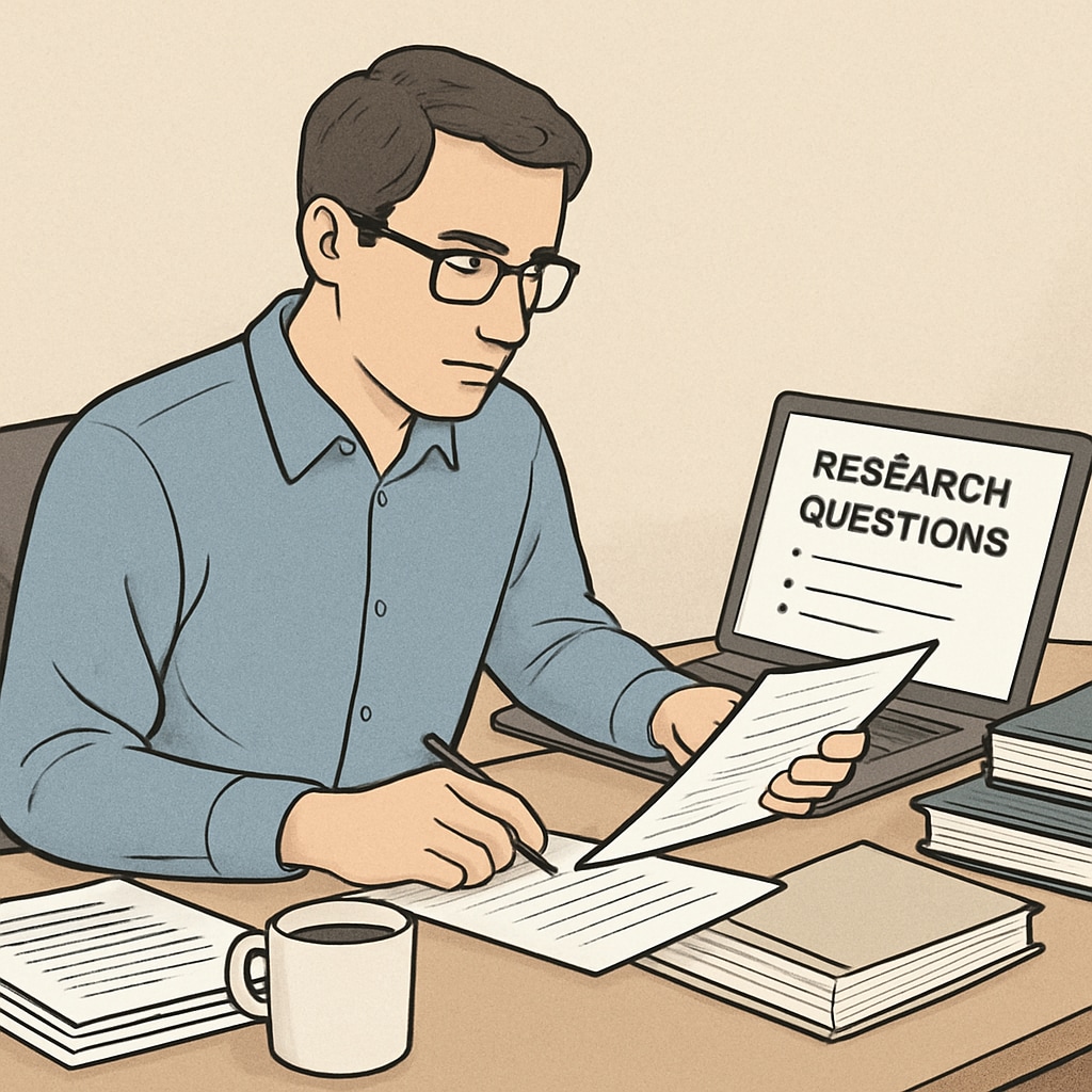 A researcher reviewing and revising research questions on a laptop. Researcher refining research questions for K12 education study.