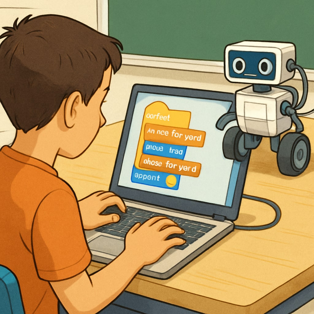 Close-up of a student programming a robot using a laptop during a STEM workshop. Student programming a robot as part of a project-based robotics learning activity.