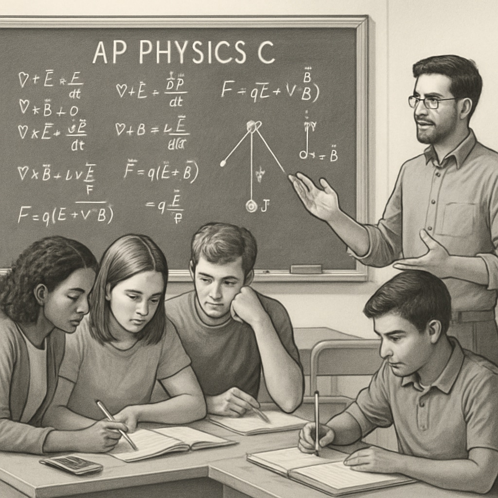 A classroom setting with students working on AP Physics C problems, illustrating the complexity of the subject matter and the importance of accuracy in teaching. AP Physics C students in a classroom solving problems related to coursework.