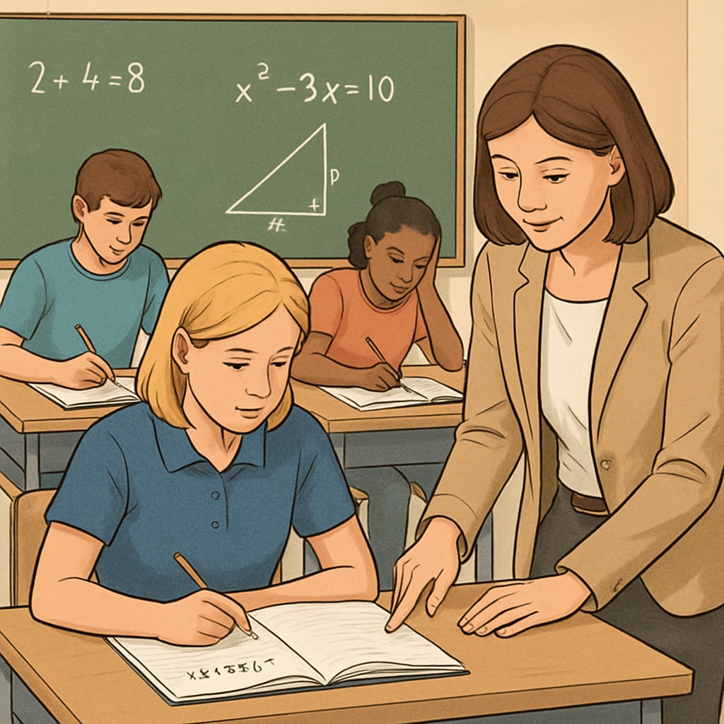 A classroom environment with students working on mathematics problems under the guidance of a teacher. This image emphasizes the importance of tailored educational support during GCSE retakes. Students working on GCSE mathematics problems with teacher guidance