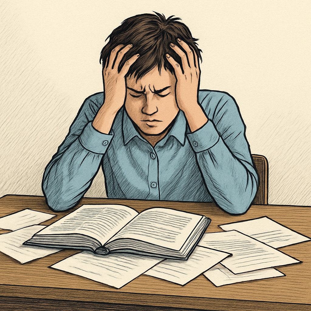 A student sitting at a desk with textbooks, visibly stressed, symbolizing the emotional impact of exam failures. This image highlights the psychological challenges associated with GCSE retakes. Stressed student preparing for GCSE mathematics retake