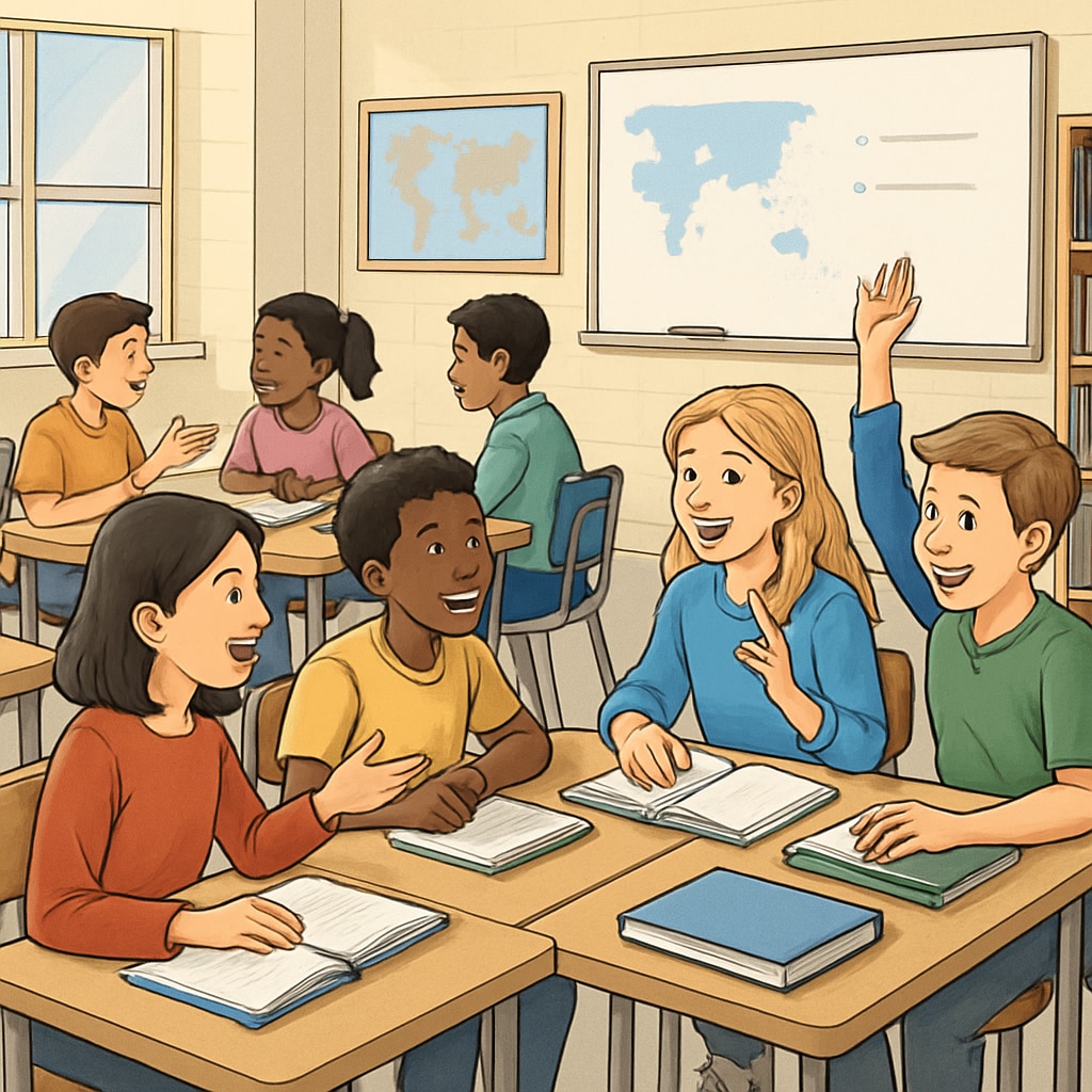 Students discussing in a classroom, representing education, personal growth, and critical thinking.