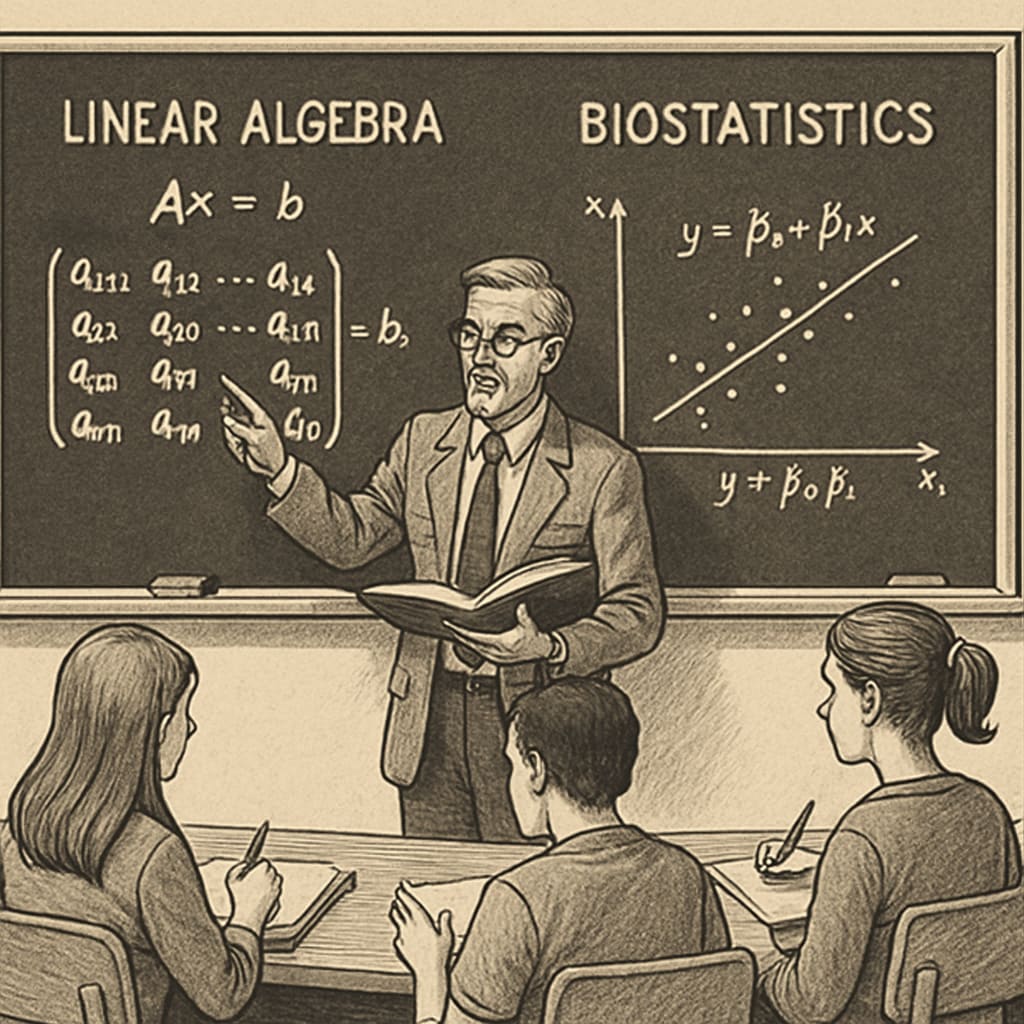 A classroom setting where a professor is teaching linear algebra concepts to students, emphasizing its importance in biostatistics. A professor teaching linear algebra to students, highlighting its relevance in biostatistics.