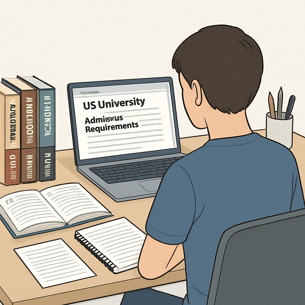 A student with A Levels textbooks researching US university admission requirements at their desk. A student studying A Levels for US university applications.