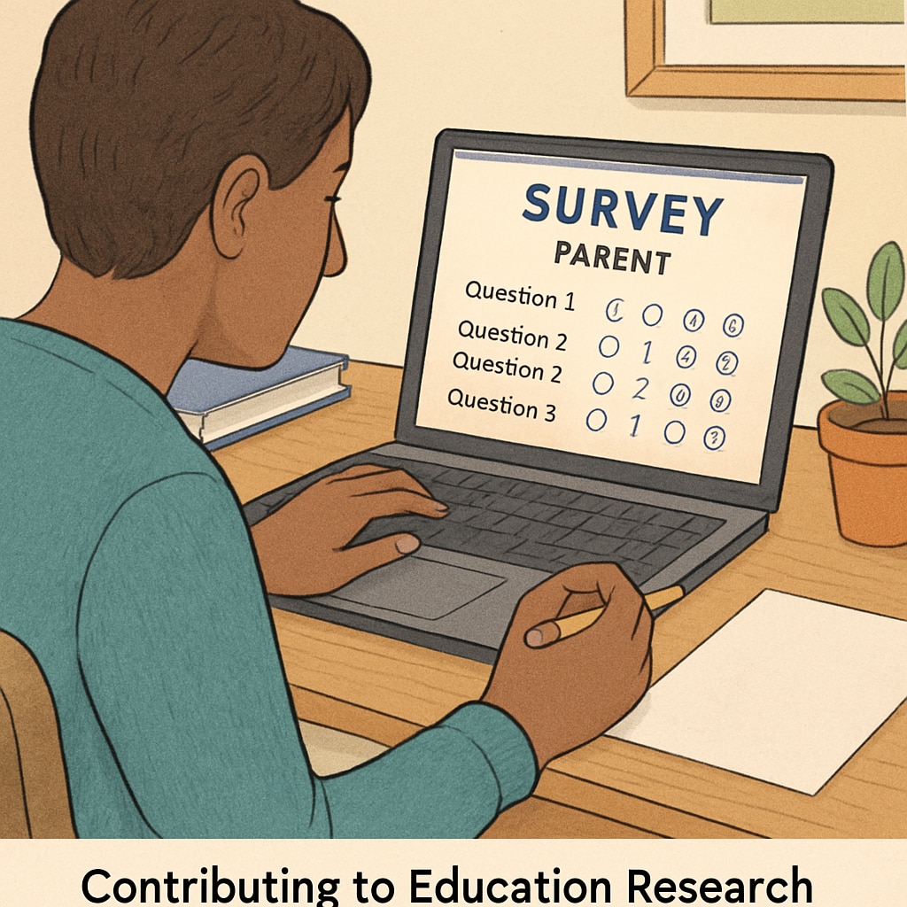 Parent completing an education survey online for K12 research participation.