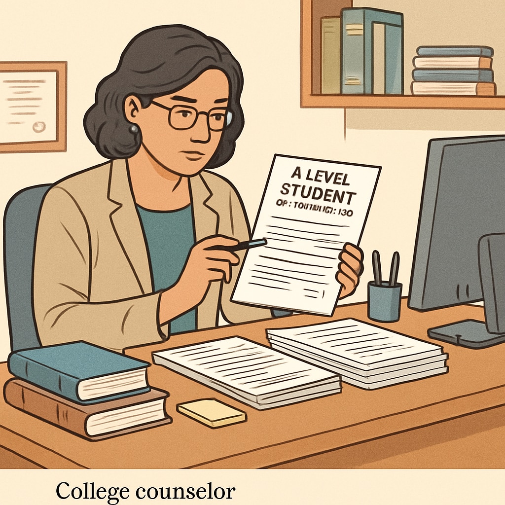 A college counselor reviewing an application from an A Level student. College counselor assessing an A Level student's application for US universities.