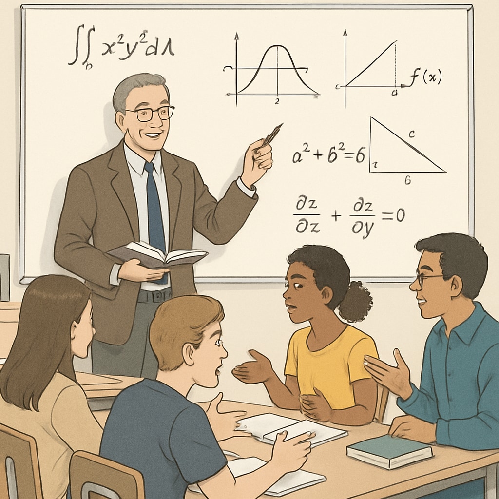 A professor explaining complex mathematical concepts on a whiteboard, with students actively engaging in discussion. A professor engaging students in a discussion about complex mathematical concepts.