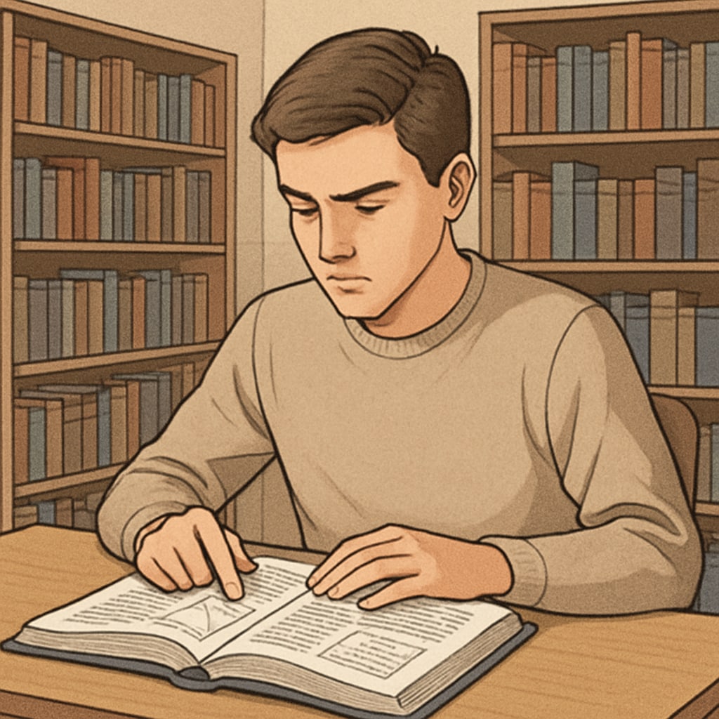 A high-achieving student reading a scientific journal in a library to improve reading skills.