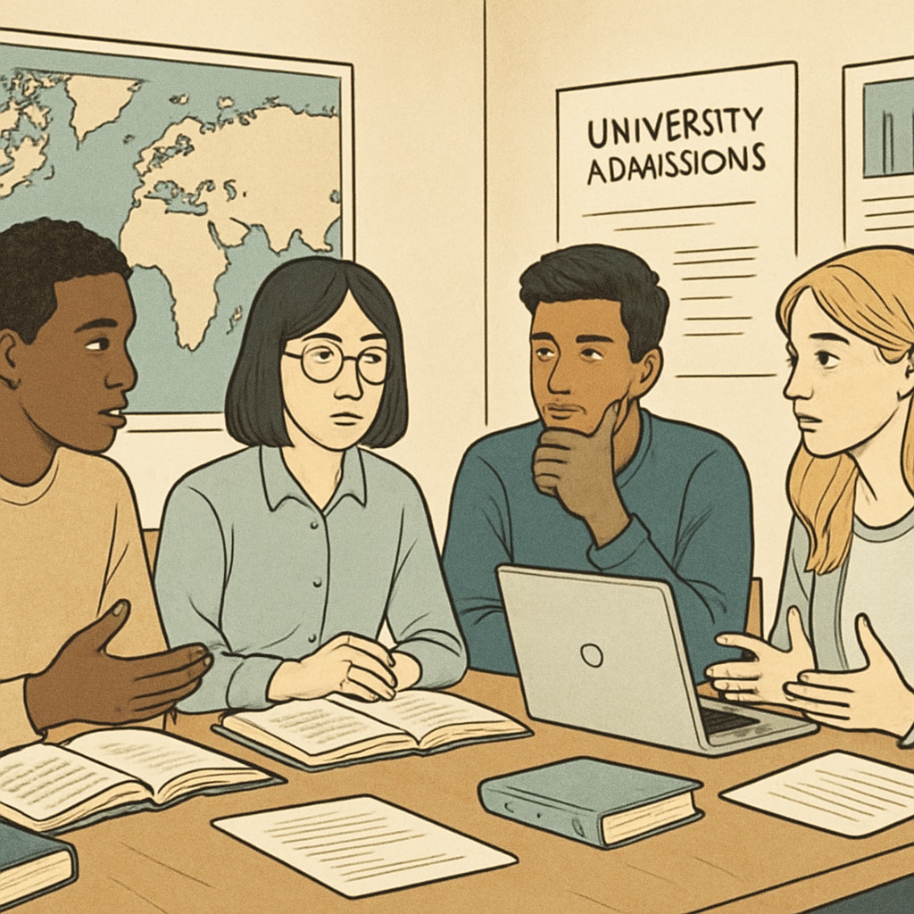 A diverse group of international students discussing university admissions challenges. International students facing challenges due to school system differences.
