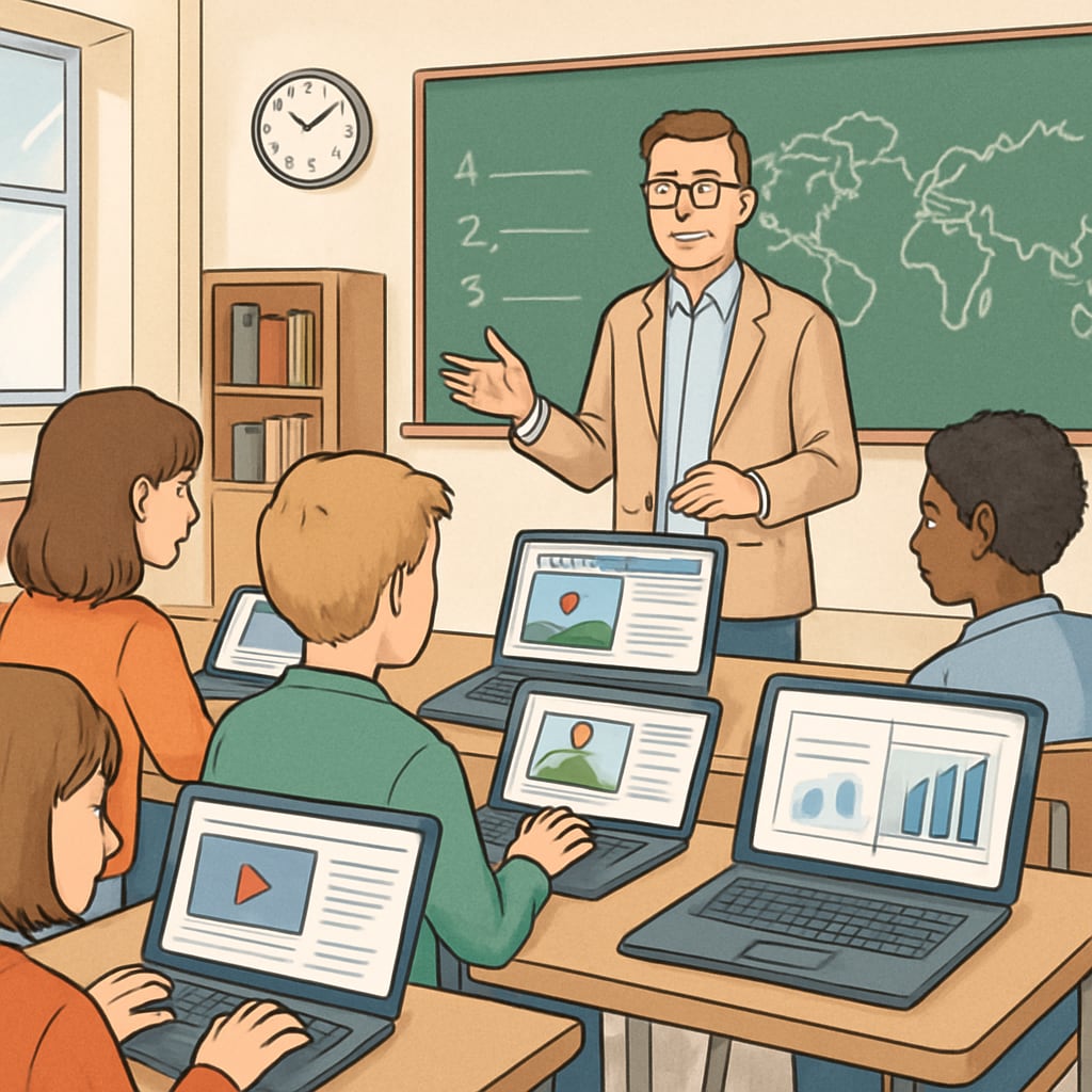 A classroom of students analyzing digital media content on their laptops, guided by a teacher. Students conducting media research with teacher guidance