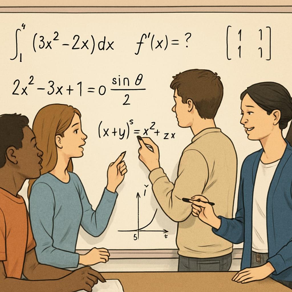 Students solving advanced mathematical problems together to deepen their learning.