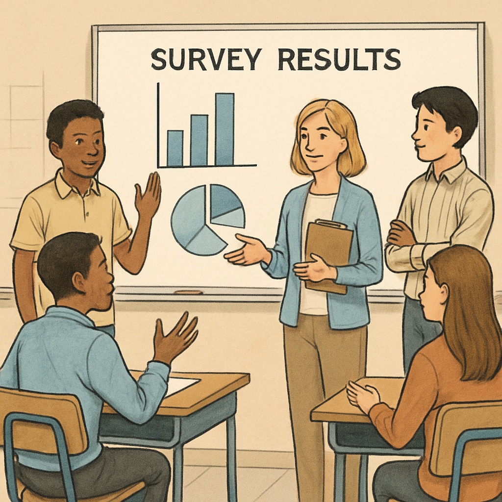 Students presenting survey results on a whiteboard during a classroom discussion. K12 students presenting survey findings in class