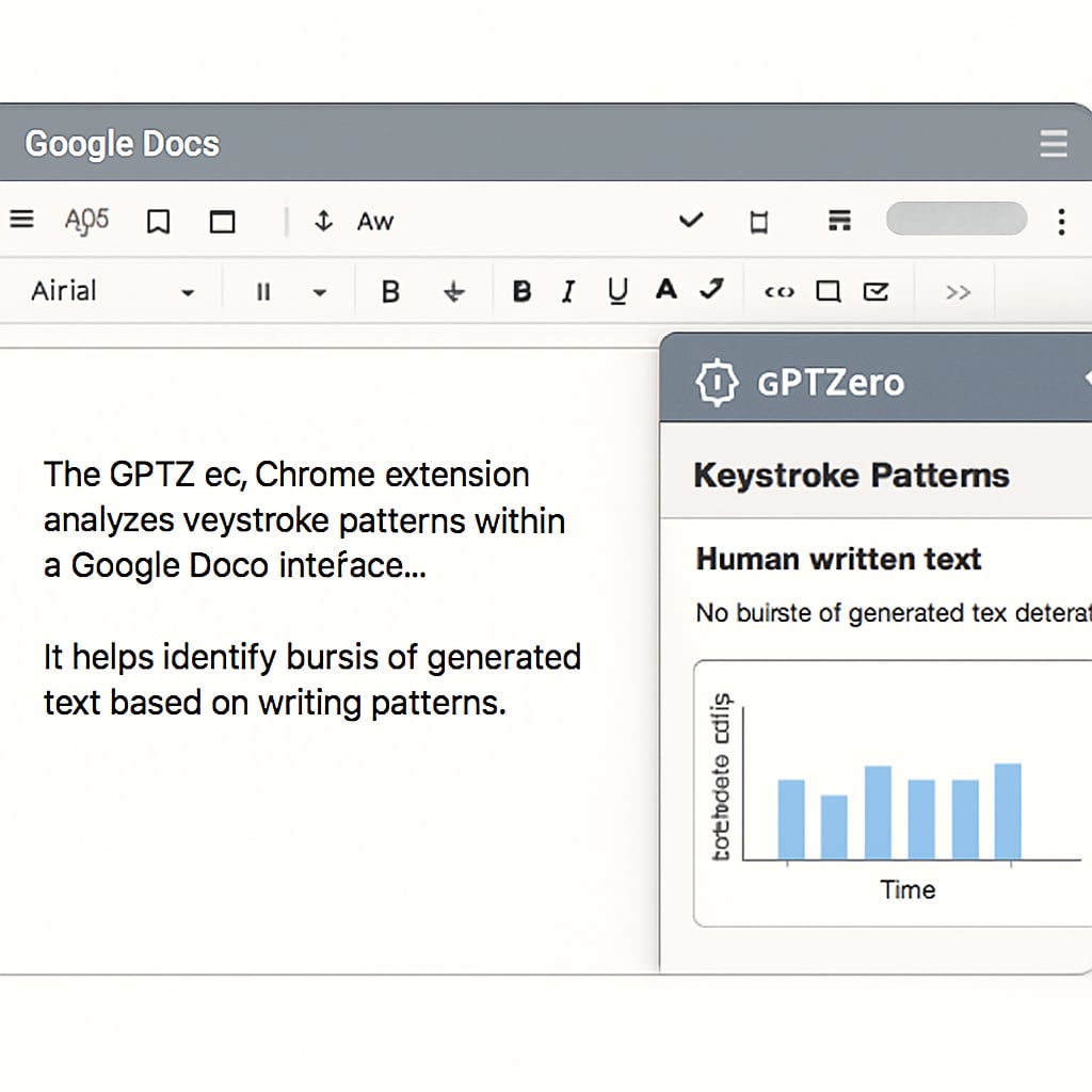 Screenshot of the GPTZero Chrome extension analyzing keystroke patterns in Google Docs. GPTZero interface for monitoring student writing processes in Google Docs.