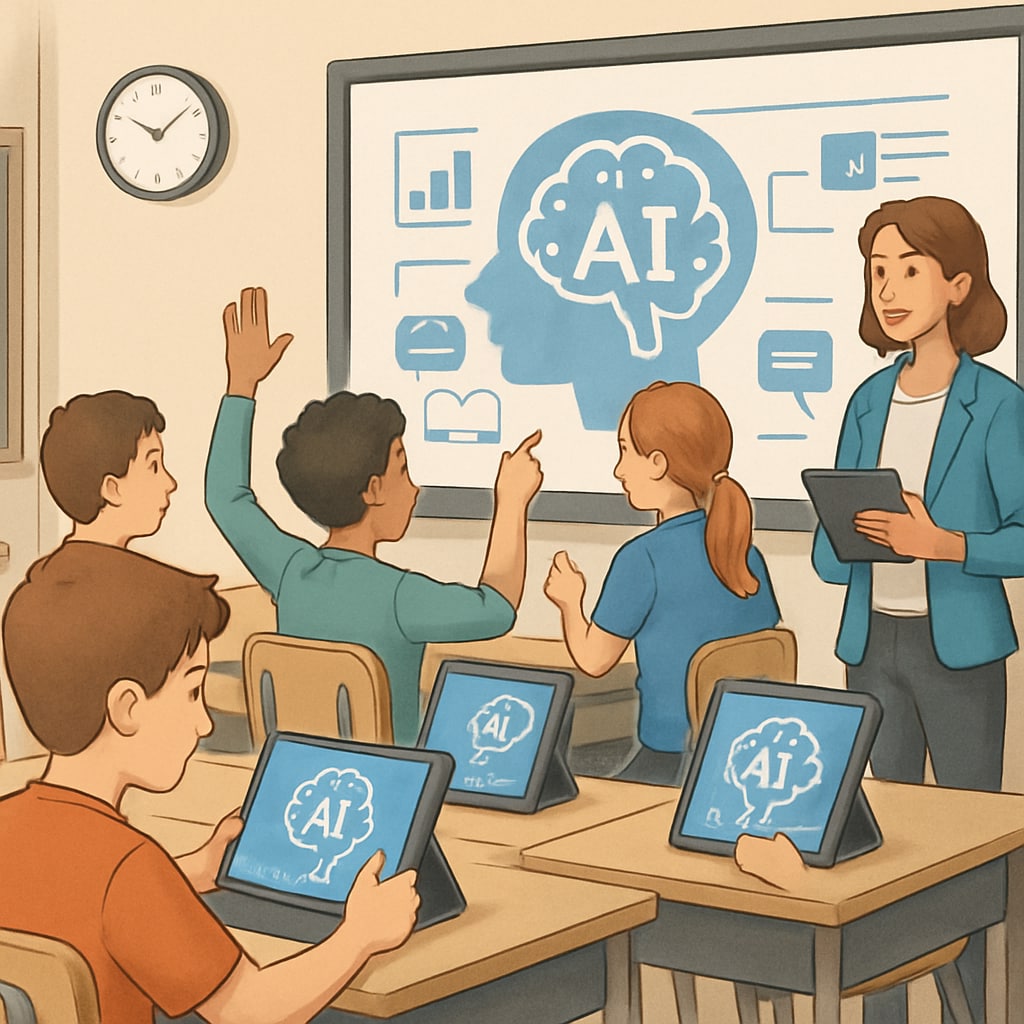 A classroom setting showing students using AI-powered educational tools like tablets and smartboards. The image highlights the practical applications of artificial intelligence in modern education. Students in a classroom using AI-powered tools for personalized learning.