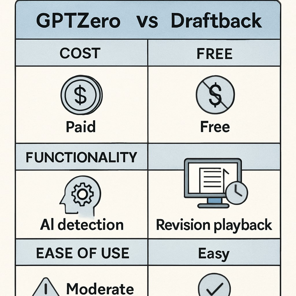 Visual comparison chart showing GPTZero and Draftback features, highlighting cost, functionality, and ease of use. Comparison of GPTZero and Draftback features for student writing monitoring.