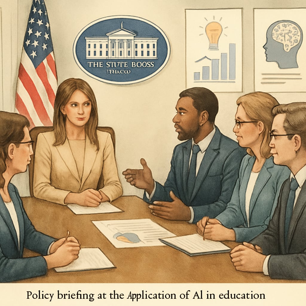 A policy briefing at the White House showing Melania Trump and experts discussing AI's application in education. This image emphasizes the leadership role in shaping AI-driven education policies. Melania Trump at the White House leading a discussion on AI and education policy.