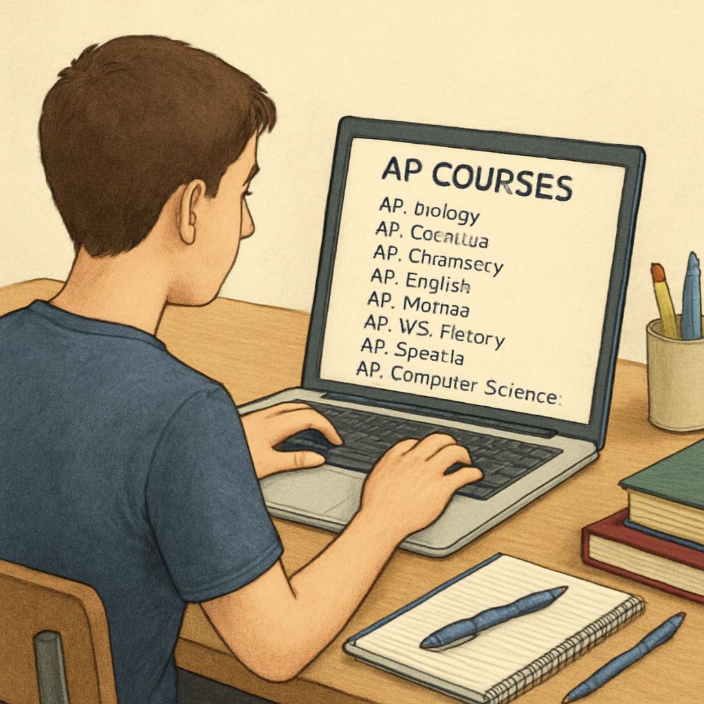 A high school student reviewing a list of AP courses on a laptop, representing thoughtful academic planning. High school student planning AP courses on a laptop.