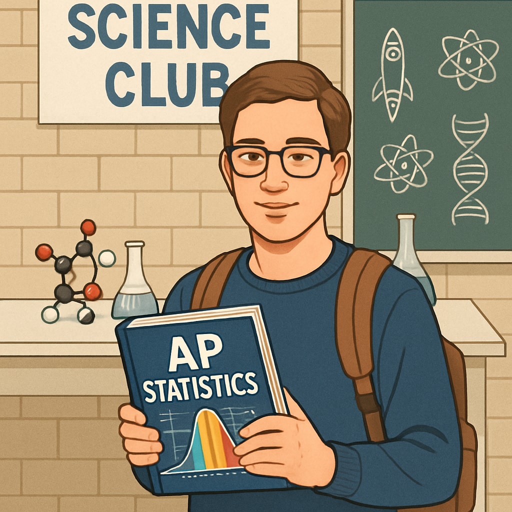 A student participating in a science club while holding an AP Statistics textbook, symbolizing academic and extracurricular balance. High school student balancing AP courses with extracurricular activities.