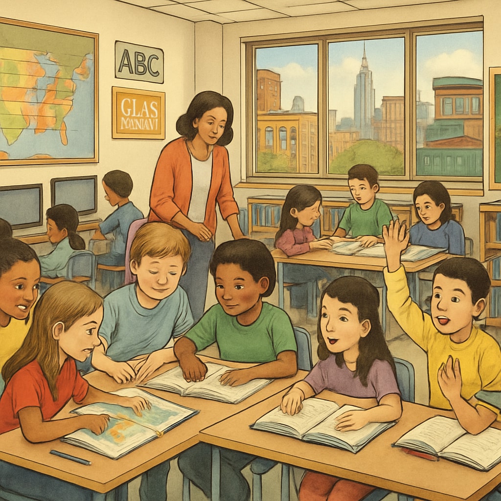 A bustling New York City classroom filled with students engaging in collaborative learning. Students in a New York City classroom collaborating on a group project.
